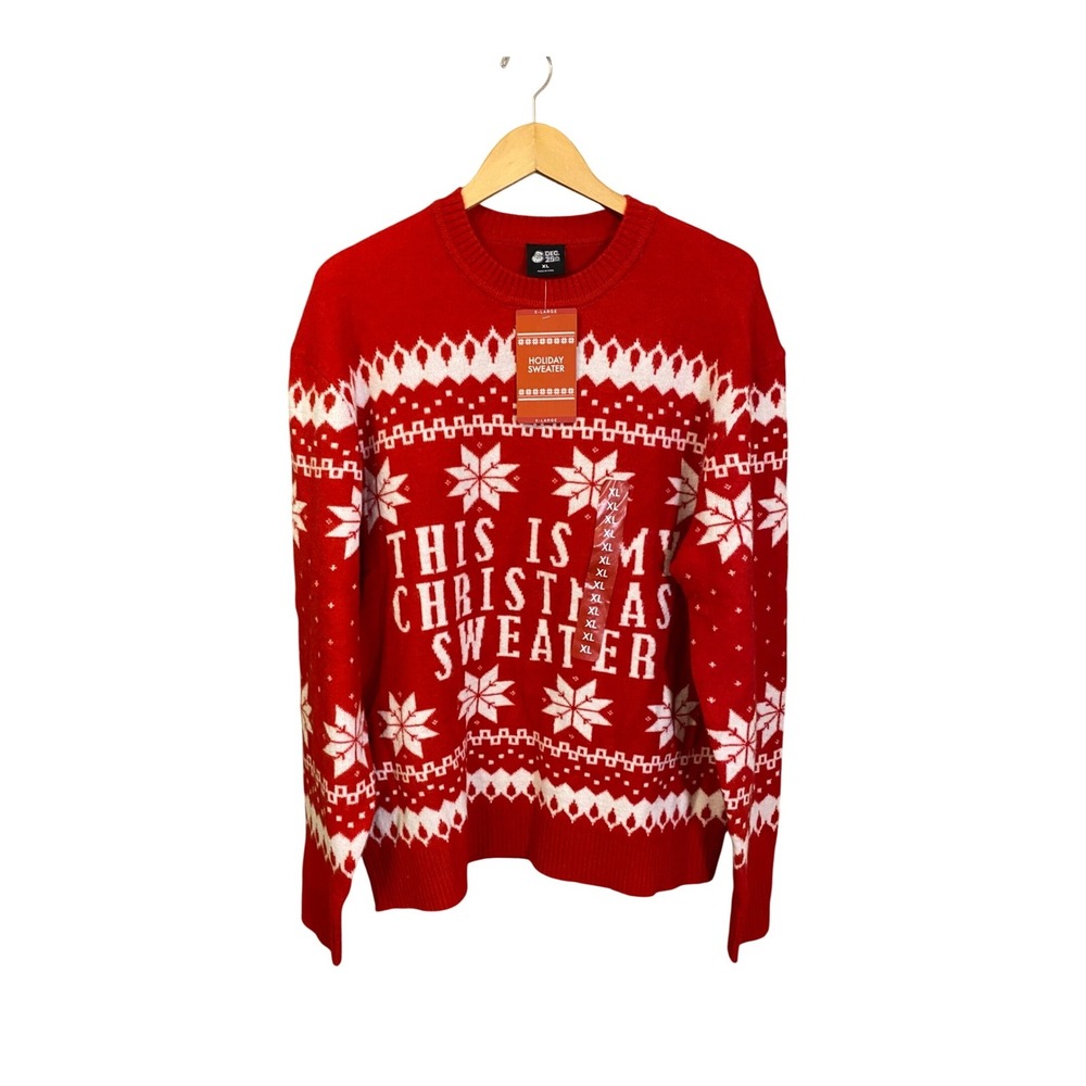 Dec 25th Mens Red White This Is My Christmas Sweater Fair Isle Snowflake XL